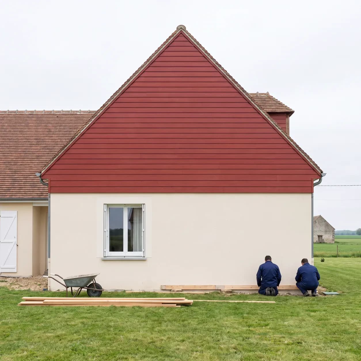 Bardage de pignon – pointe de pignon habillée de lames rouge campagne