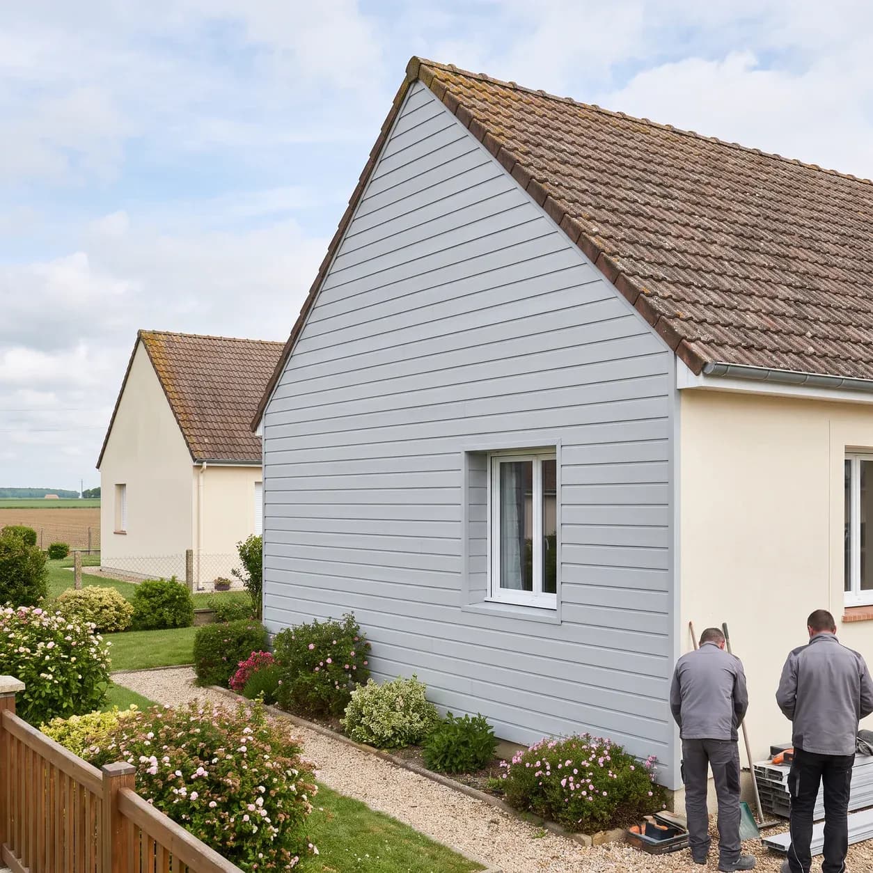 Bardage isolant PVC – pignon de maison habillé de lames PVC gris clair