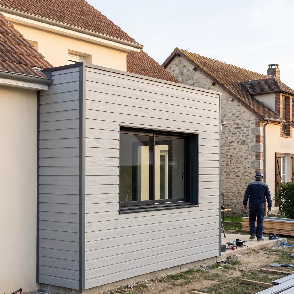 Bardage PVC double clin – façade habillée de lames gris clair aspect bois